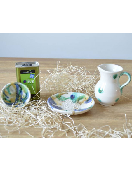 Cesta cerámica pintada a mano+ aceite de oliva ecológico 250 ml